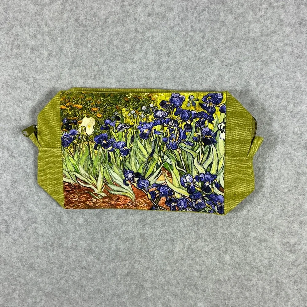 Van Gogh Irises Canvas Makeup Bag Green Cotton Zipper Pouch Art Print RN 96998